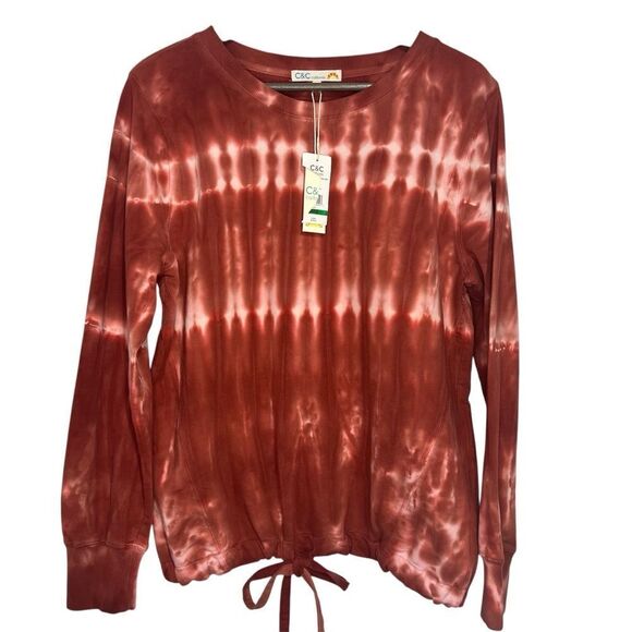 C&C California Tie Dye Sweatshirt Womens Large Burnt Orange Drawstring Tie Waist - Picture 1 of 6